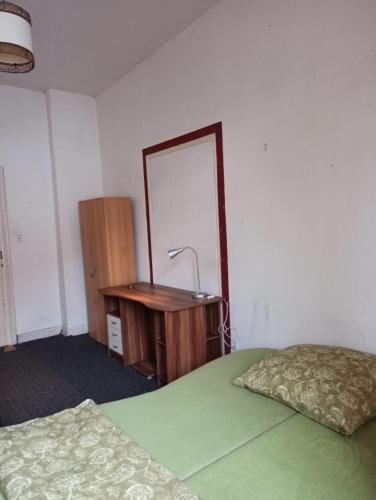 sypialnia z łóżkiem, biurkiem i lustrem w obiekcie Private room in a shared apartment, free parking w mieście Fulda