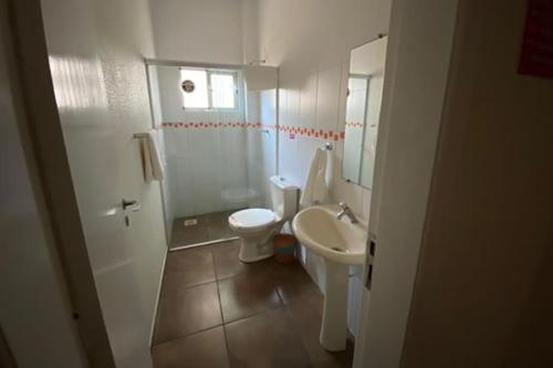 ein Badezimmer mit einem Waschbecken, einem WC und einem Spiegel in der Unterkunft Arpini Hotel in Rio Grande