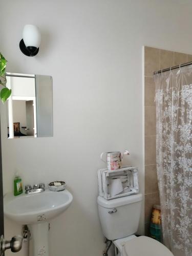 a bathroom with a toilet and a sink and a mirror at Casa Adhita, tú confort es nuestra prioridad. in Yautepec de Zaragoza