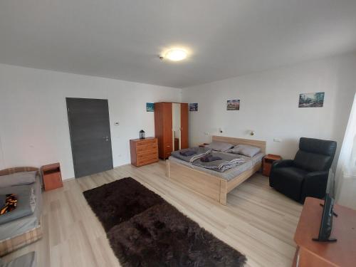 - un salon avec un lit et un canapé dans l'établissement Forrás Apartman, à Egerszalók
