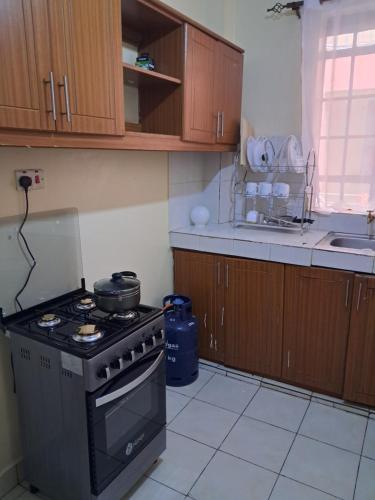 a small kitchen with a stove and a sink at Tirisi Homes in Machakos
