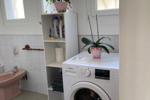 une machine à laver dans une salle de bain avec un lavabo dans l'établissement Villa avec piscine dans les cévennes, à Bessèges