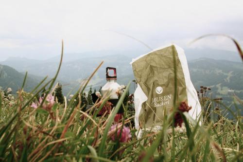 a bottle of wine sitting on top of a mountain at HUBERTUS Mountain Refugio Allgäu in Balderschwang