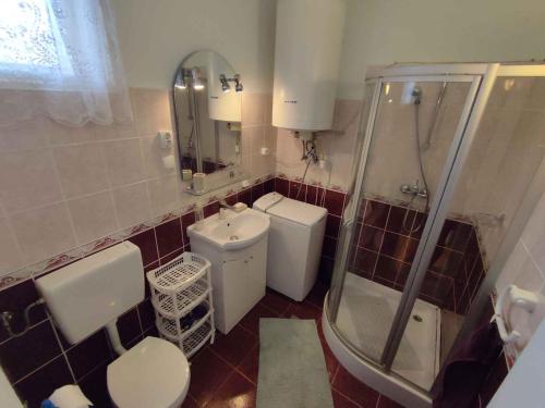 a bathroom with a toilet and a sink and a shower at Holiday home in Revfülöp - Balaton 36498 in Révfülöp