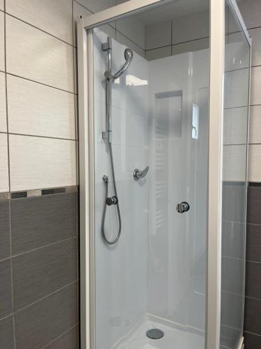 une douche avec une porte vitrée dans une salle de bain dans l'établissement Le Grand Mondi, à Mareuil-sur-Cher