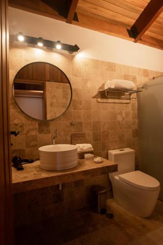a bathroom with a sink and a toilet and a mirror at Viscas Lodge in Carhuaz