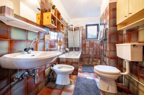 uma casa de banho com um lavatório e um WC em Ferienwohnung Gatscherhof em Luson