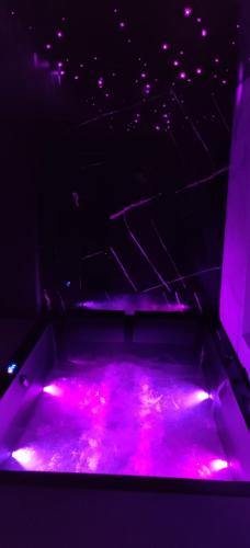 an empty stage with pink lights in a room at Studio Campului in Cluj-Napoca