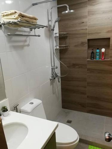 a bathroom with a toilet and a sink and a shower at CONDO UNIT walking distance to CALLE CRISOLOGO in Ayusan Norte