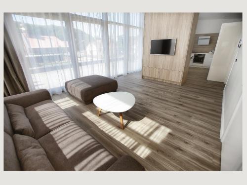 a living room with a couch and a table at Linden Home Klaipeda Centrum Apartment in Klaipėda