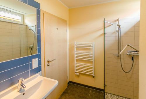 a bathroom with a sink and a shower at Fleesensee 02 in Eldenburg