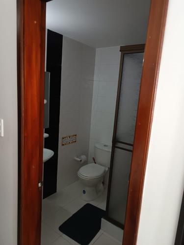a small bathroom with a toilet and a sink at SANTA HELENA HOSPEDERIA in Tibasosa