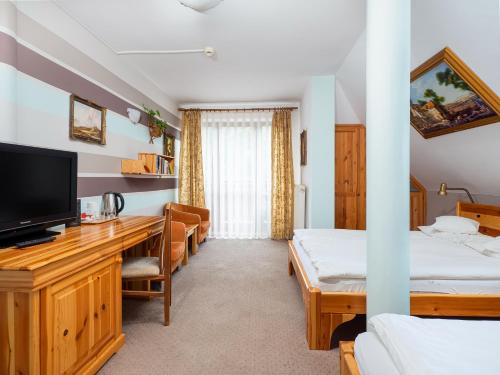 a room with two beds and a desk with a television at Hotel Jan in Szczawnica