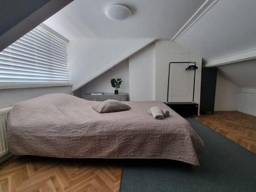 um quarto com uma cama grande num sótão em Gezinswoning met gratis parkeren em Delft