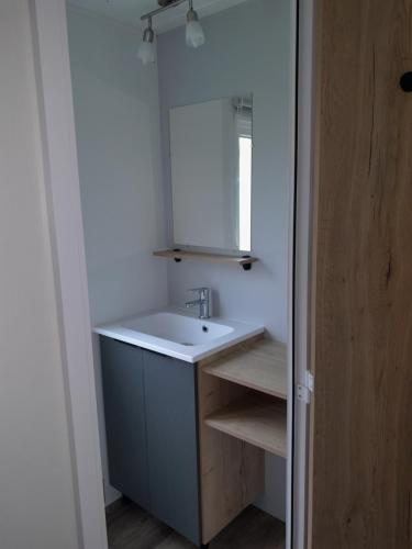 a bathroom with a sink and a mirror at La Palmyre - Les Mathes - Mobil home 3 ch de 40m2 - Grand emplacement dans village loisirs 4 étoiles - "les Charmettes" Les Mathes in Les Mathes