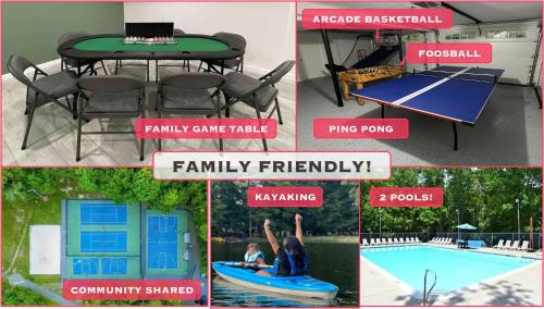 un collage de fotos de una casa con piscina en Dog Friendly, Lakefront, Hot Tub, Newly Renovated!, en East Stroudsburg