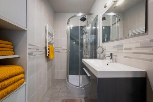 La salle de bains est pourvue d'un lavabo et d'une douche. dans l'établissement Gîte de la Place classé 3 étoiles Centre Bourg WIFI Services prosConciergerie Comte des Cierges, 