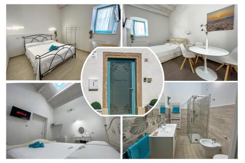 a collage of three pictures of a room with a bedroom at B&B Dimora Orrù in Càbras