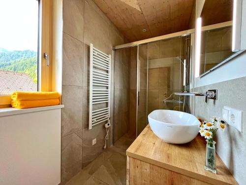 a bathroom with a bowl sink and a shower at Alpenstern Apartment Montafon in Sankt Gallenkirch