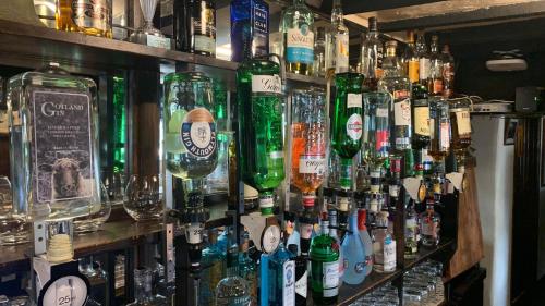 a bar filled with lots of bottles and glasses at Half Moon Inn in Sheepwash