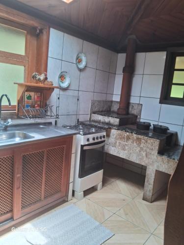 cocina con fogones y fregadero en Casa da floresta, en Bocaina de Minas