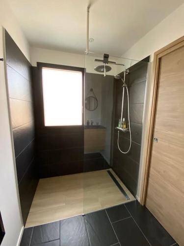 La salle de bains est pourvue d'une douche et d'une fenêtre. dans l'établissement Rarissime hébergement avec piscine à Vannes, à 5 minutes du centre, à Vannes
