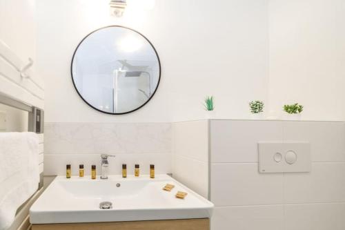 une salle de bain avec un lavabo blanc et un miroir dans l'établissement T2 cozy proche du centre avec canapé lit - 51Blatin, à Clermont-Ferrand