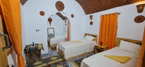 Cette chambre comprend 2 lits et un miroir. dans l'établissement Meshra Katto, à Assouan