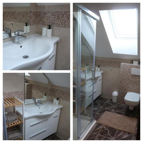 three pictures of a bathroom with a sink and a toilet at Holiday Home Rajf in Donji Koncovčak