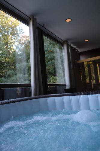 a hot tub in a room with a window at Holiday Home Rajf in Donji Koncovčak