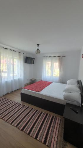- une chambre avec un grand lit et un tapis dans l'établissement Casa Viorica -Botoș, à Ciocăneşti