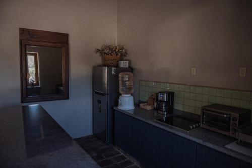 a kitchen with a counter with a refrigerator and a window at Alma Liebre Viñedos del Valle in Valle de Guadalupe