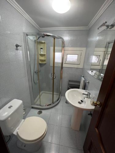 a bathroom with a shower and a toilet and a sink at La Casa de la Abuela in A Pobra do Caramiñal