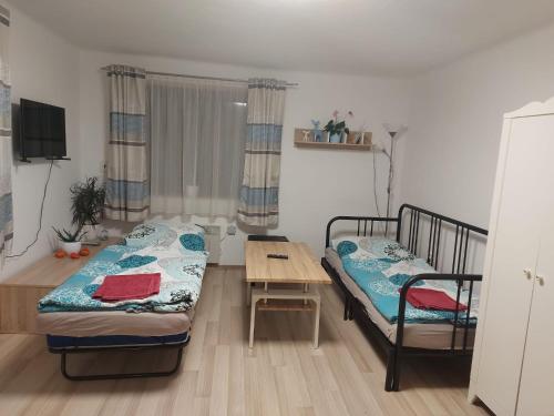 two beds in a room with a table and a desk at Příjemné ubytování na farmě in Semněvice