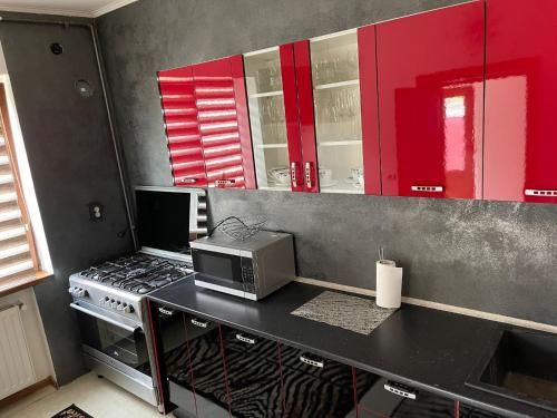 a kitchen with a stove and a microwave on a counter at Oficial Haus in Cristian