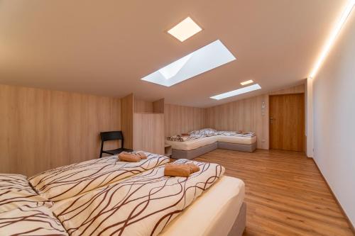 a bedroom with two beds and a skylight at Winifera Penzion in Pavlov