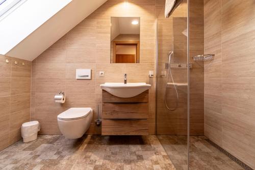 巴甫洛夫的住宿－Winifera Penzion，浴室配有卫生间、盥洗盆和淋浴。