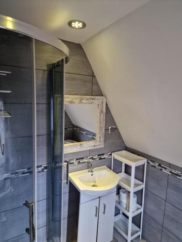 a bathroom with a sink and a shower at Pensjonat Gościniec Szczyrk in Szczyrk
