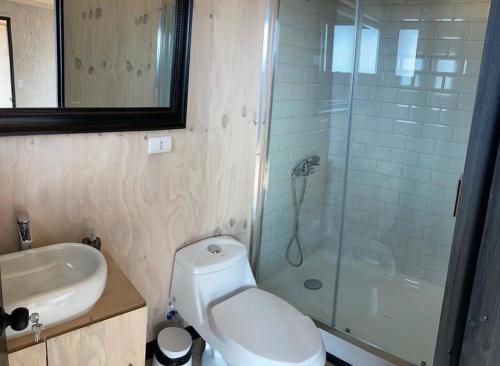 La salle de bains est pourvue d'une douche, de toilettes et d'un lavabo. dans l'établissement Cabaña Matanzas, Pupuya vista al mar, à Navidad