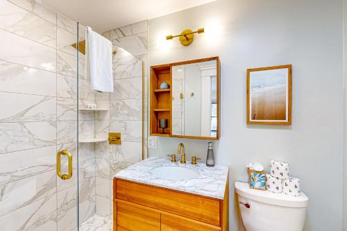 a bathroom with a toilet and a sink and a shower at Fun in the Sun in Provincetown