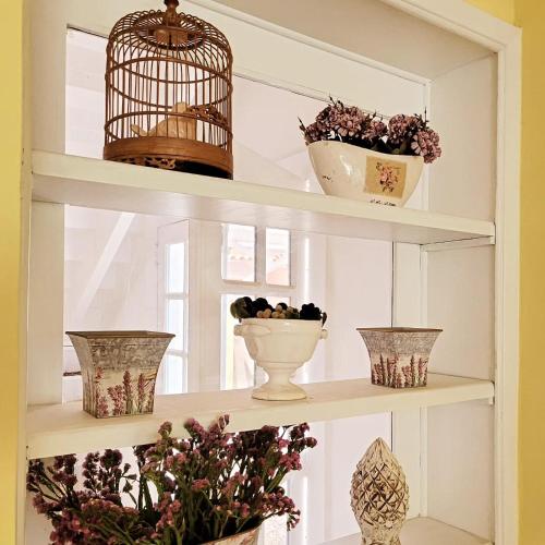 a shelf with flowers and a bird cage on it at La Belle Provence in Itaipava