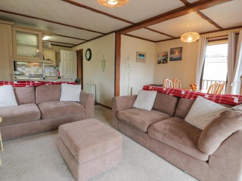 a living room with two couches and a table at Roe Deer Lodge in Newton Stewart