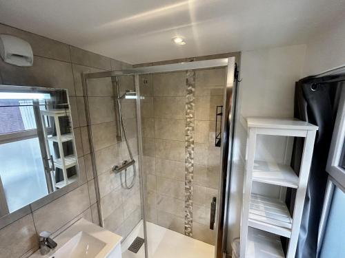 une douche avec une porte vitrée dans une salle de bain dans l'établissement Studio rénové avec coin montagne, balcon Sud, au pied des pistes, 4 pers - FR-1-452-360, aux Menuires