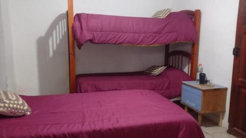 two bunk beds in a room with purple sheets at YANAY in Villa Unión