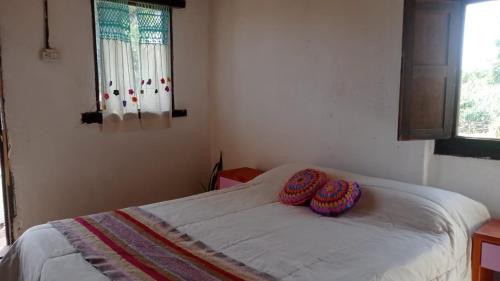 a bedroom with a bed with two crochet pillows on it at YANAY in Villa Unión