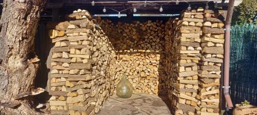 a pile of fire wood next to a wall at B&B Al Roncaccio in Calco