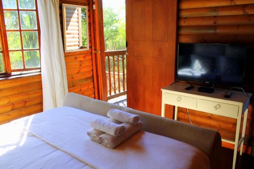 a bedroom with a bed and a tv at Ndlovu Log Home Dinokeng in Klipdrift