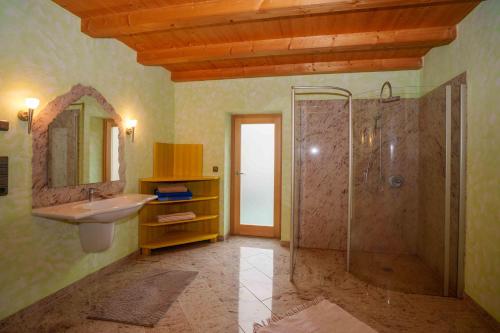 y baño con ducha, lavabo y espejo. en Landhaus Seiffen en Seiffen