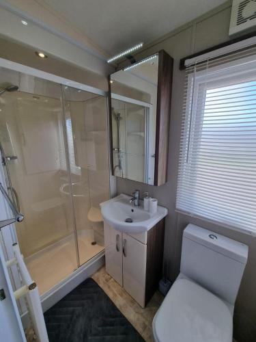 a bathroom with a shower and a toilet and a sink at Golden Palm Resort - The Ascot - Coastal Caravan Breaks in Chapel Saint Leonards