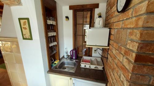 a kitchen with a sink and a brick wall at Titi Boutique Apartmanok in Bükfürdő